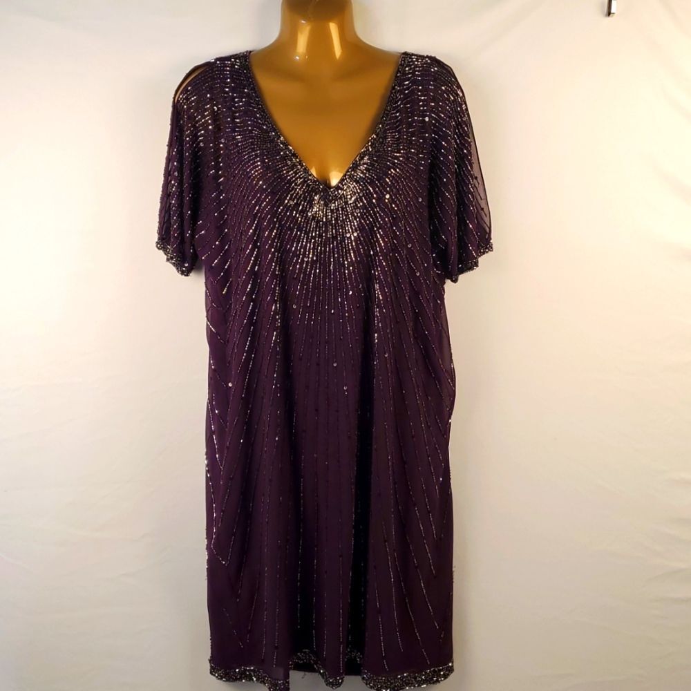 JKARA Women's Plum Purple Short Sleeve Beaded Party Special Occassion Dress Sz10